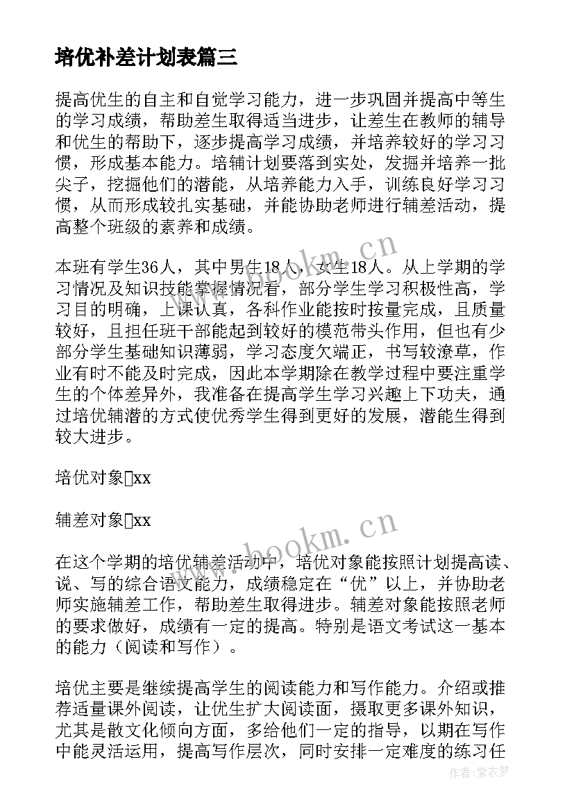 2023年培优补差计划表 培优补差工作计划(汇总5篇)