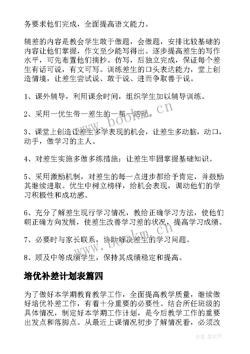 2023年培优补差计划表 培优补差工作计划(汇总5篇)