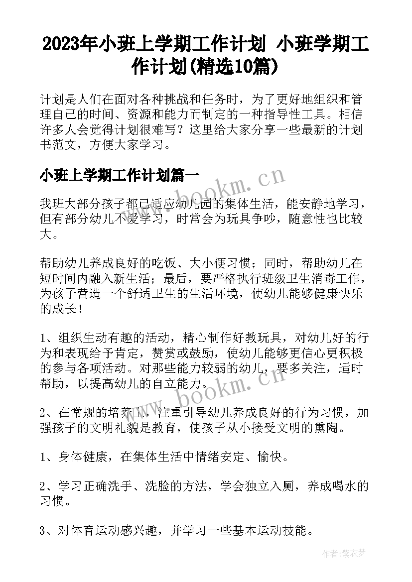 2023年小班上学期工作计划 小班学期工作计划(精选10篇)