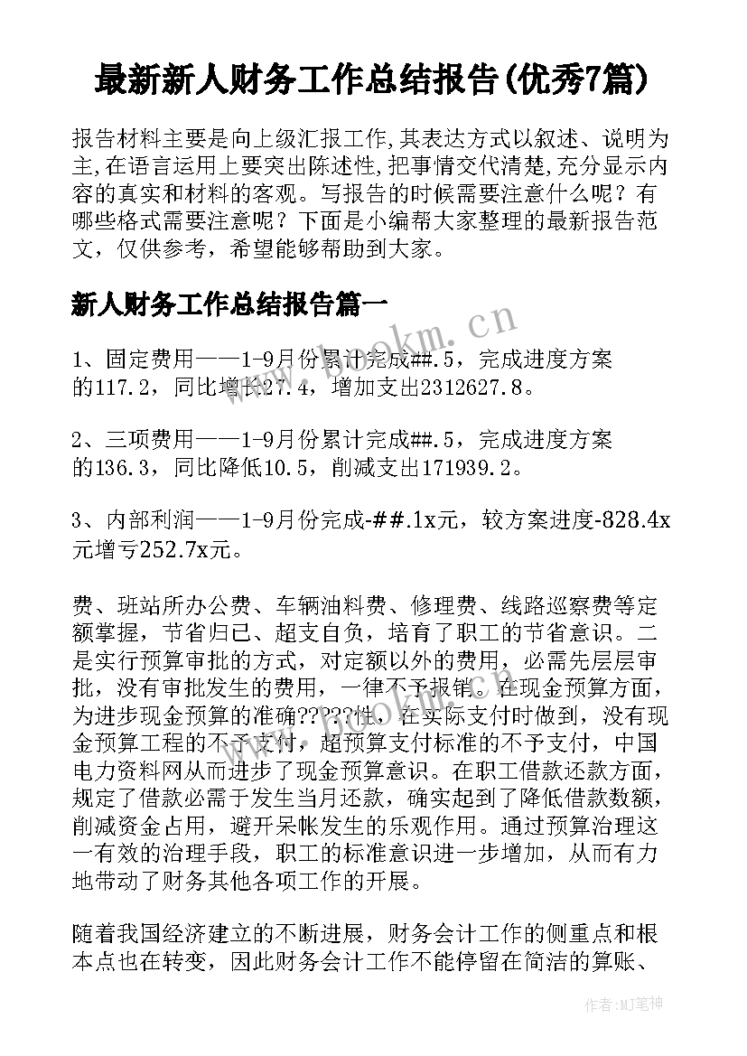 最新新人财务工作总结报告(优秀7篇)