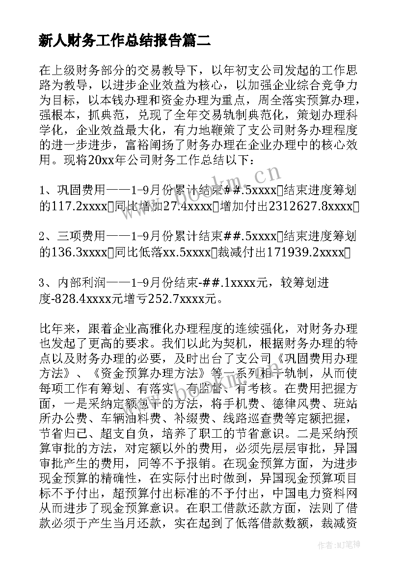 最新新人财务工作总结报告(优秀7篇)