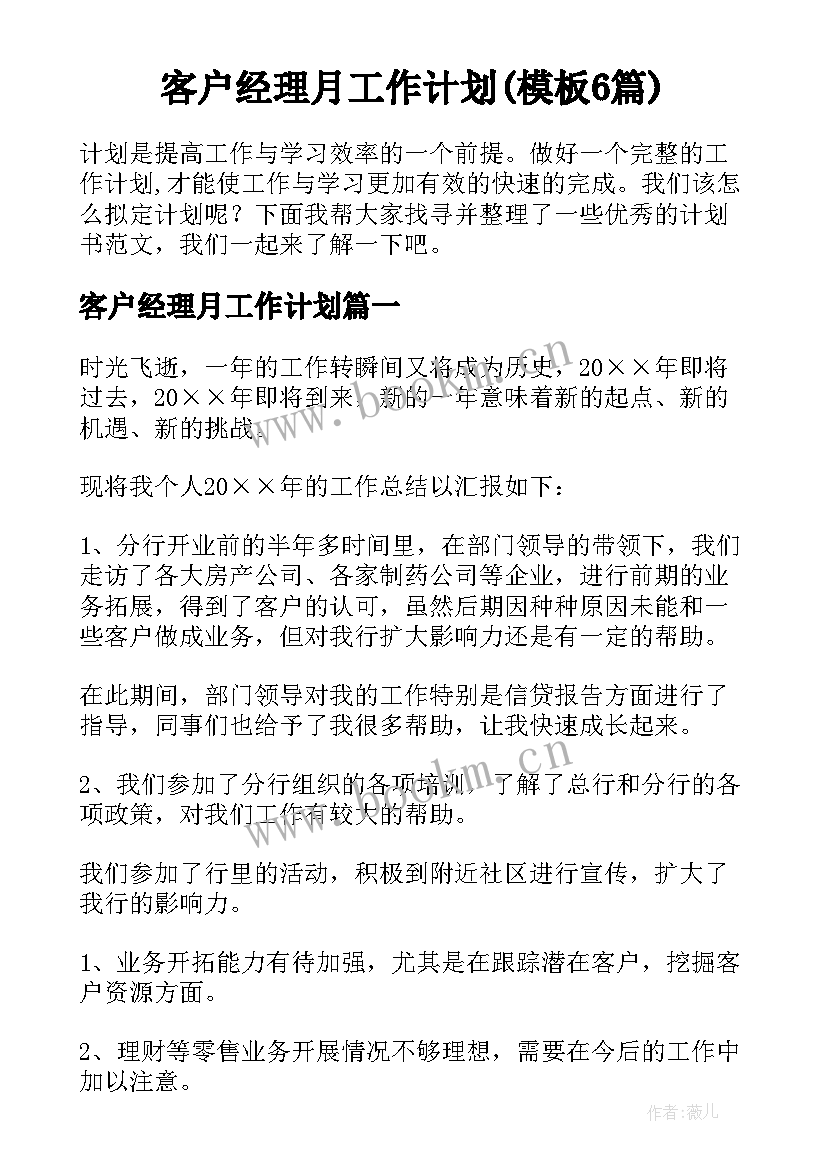 客户经理月工作计划(模板6篇)