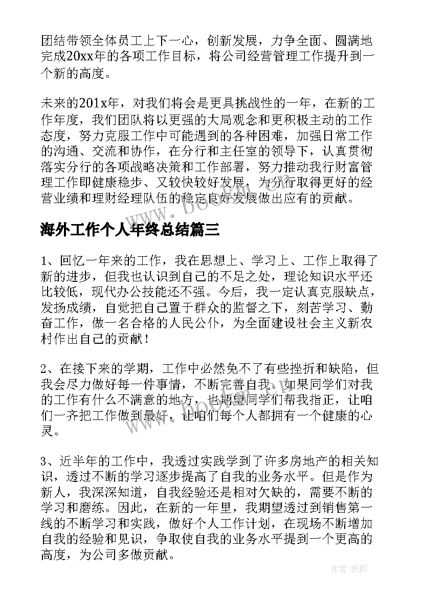 2023年海外工作个人年终总结 个人工作总结的结束语(优质5篇)