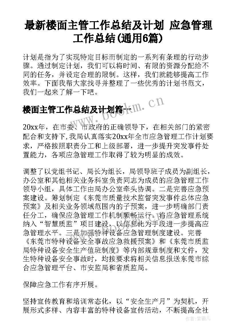 最新楼面主管工作总结及计划 应急管理工作总结(通用6篇)