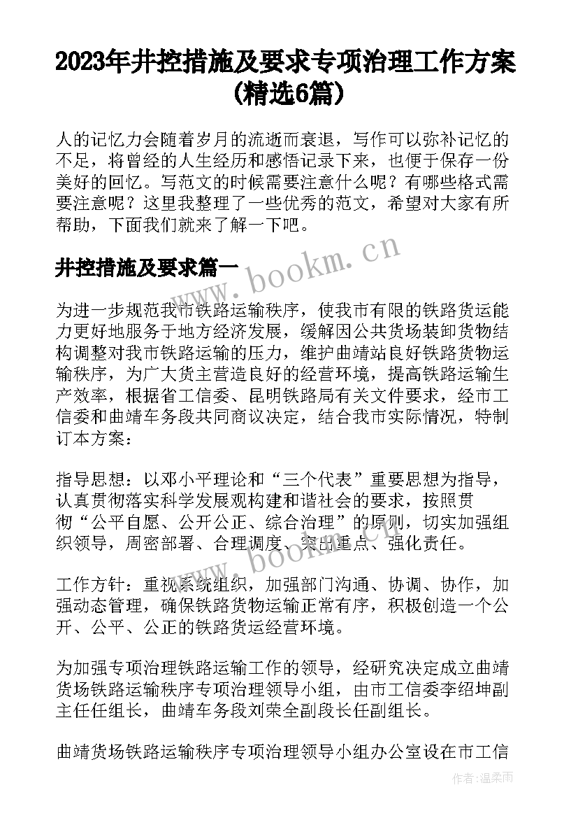 2023年井控措施及要求 专项治理工作方案(精选6篇)