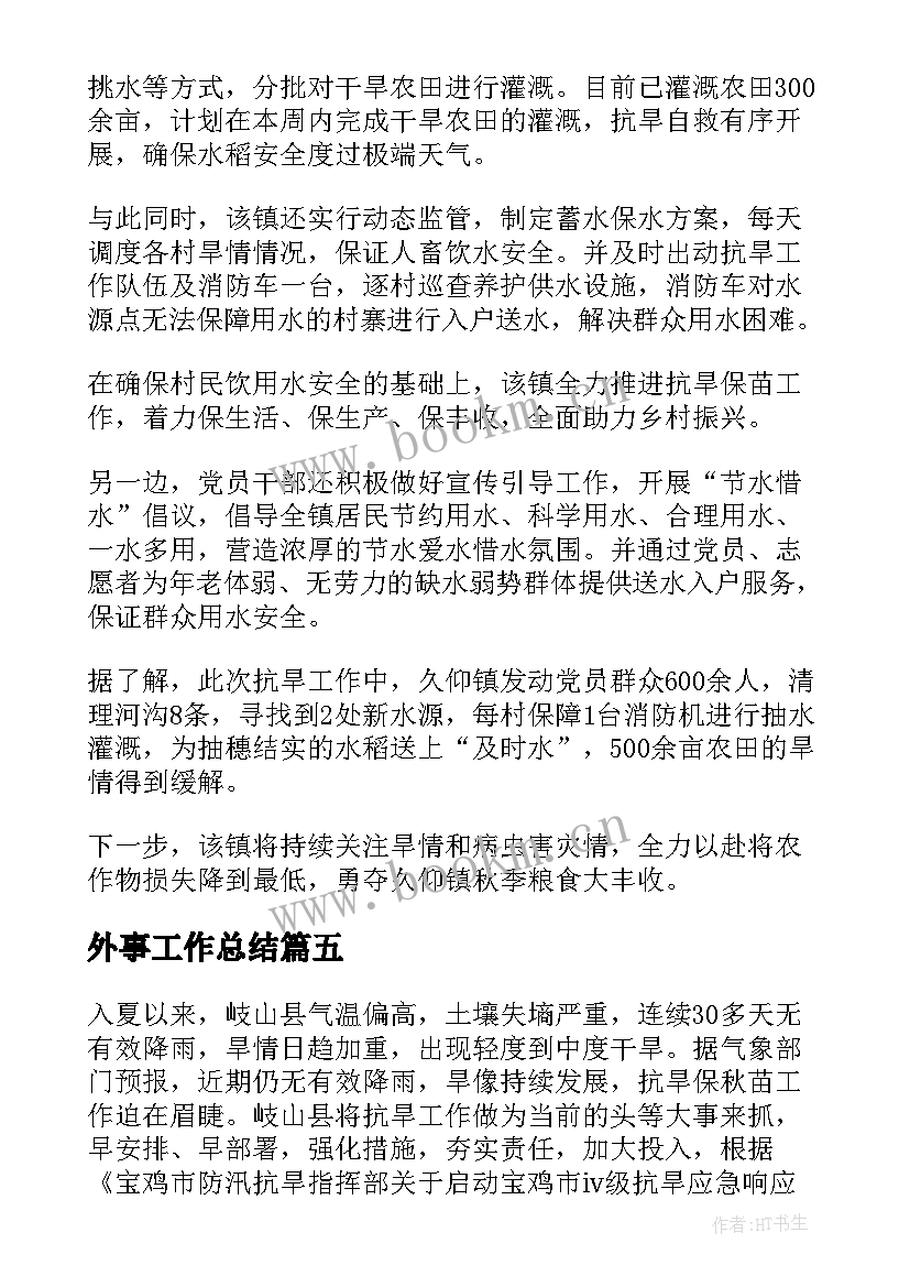 最新外事工作总结 宁夏灌溉工作总结(汇总5篇)