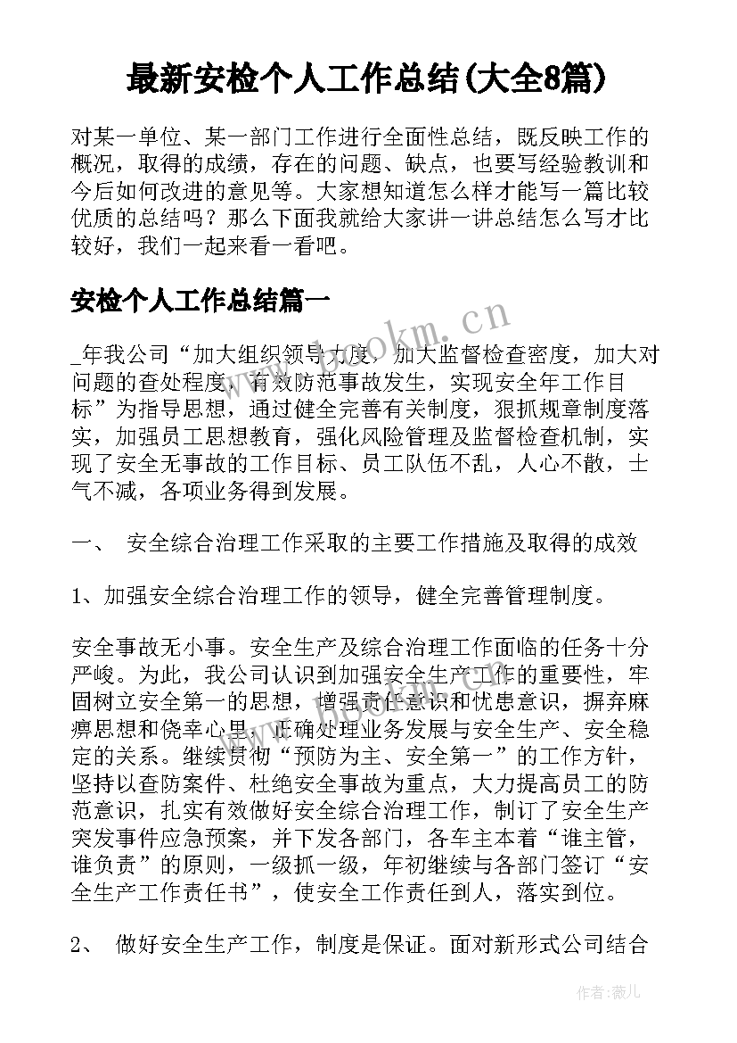 最新安检个人工作总结(大全8篇)