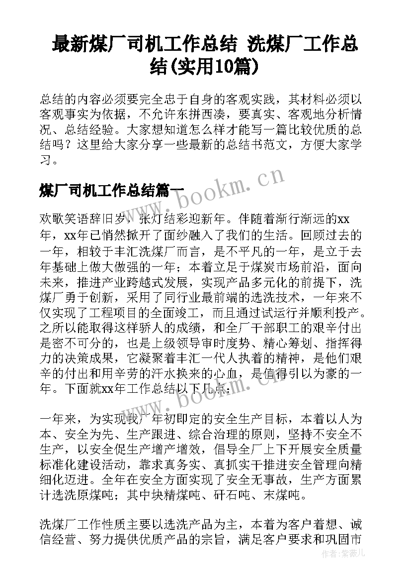 最新煤厂司机工作总结 洗煤厂工作总结(实用10篇)