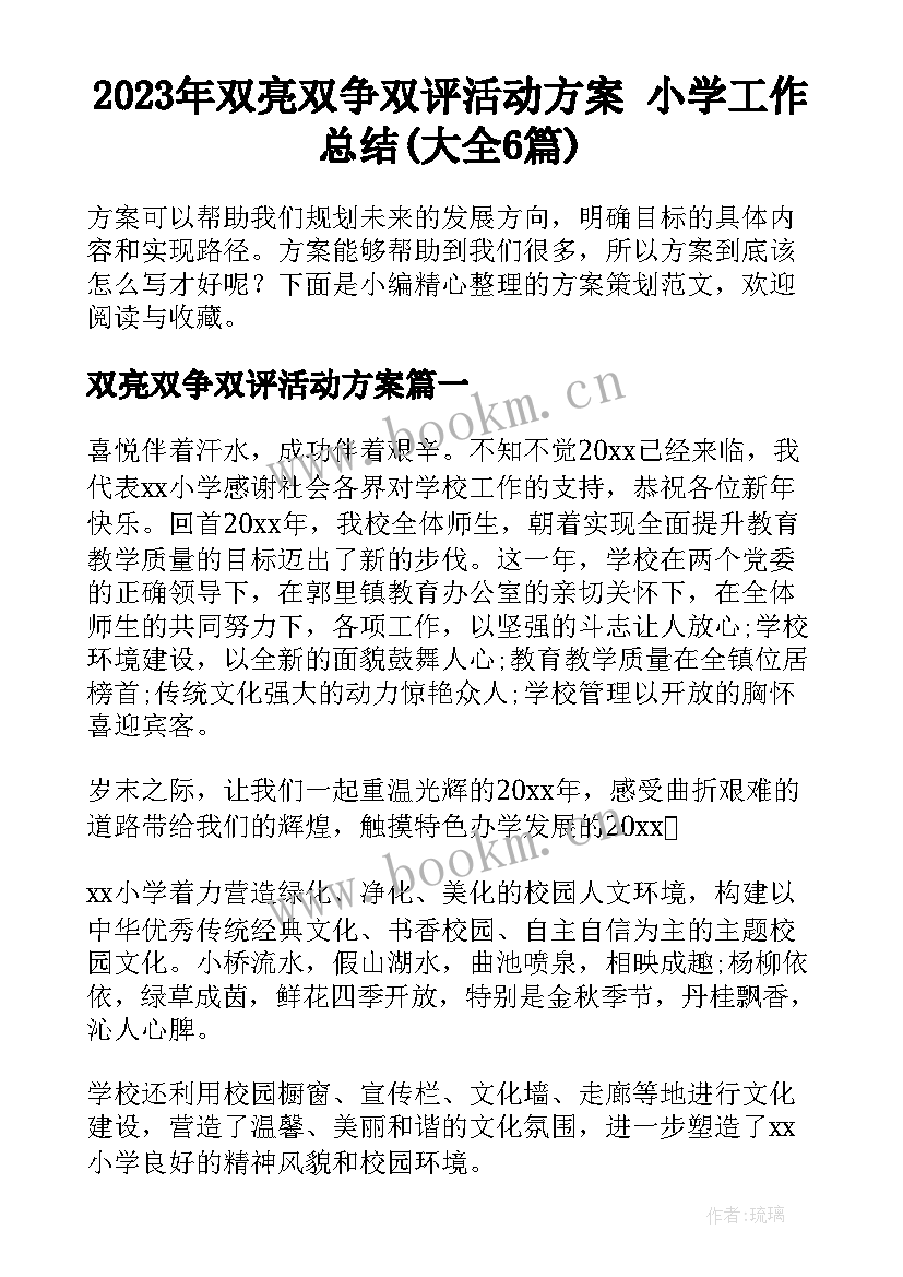 2023年双亮双争双评活动方案 小学工作总结(大全6篇)