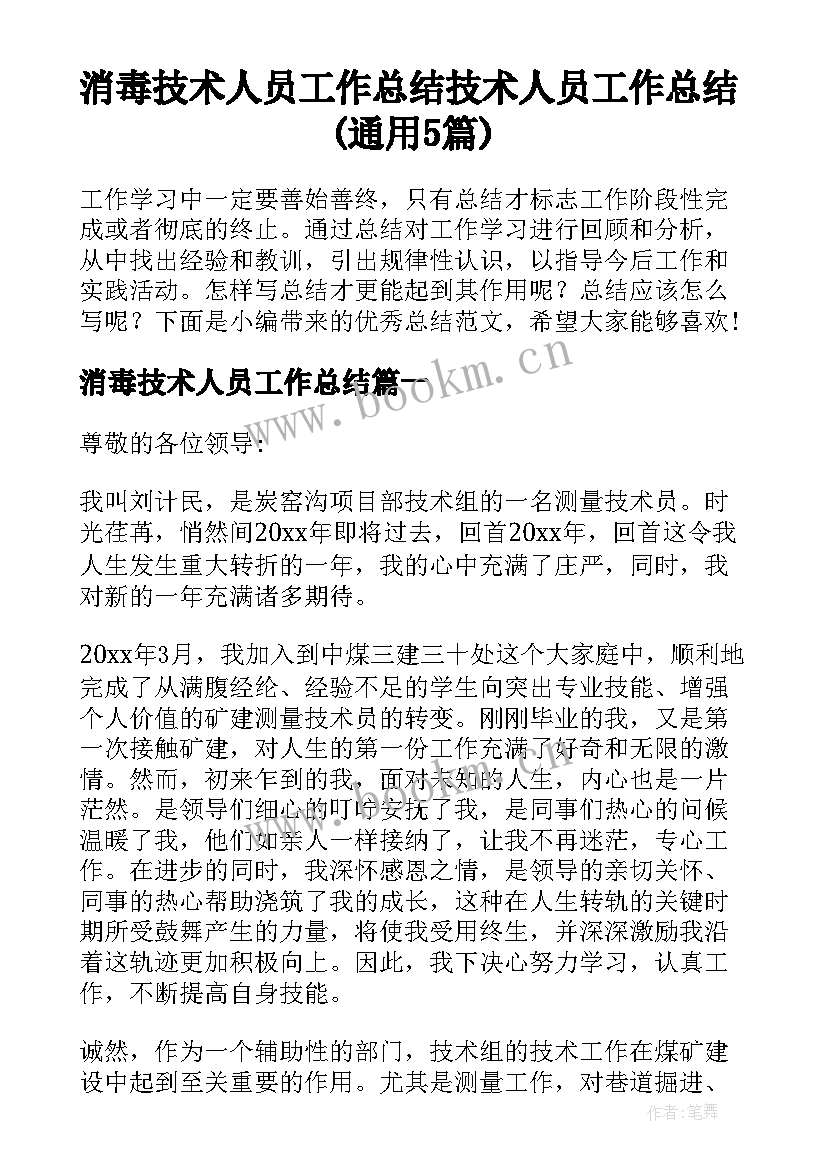 消毒技术人员工作总结 技术人员工作总结(通用5篇)