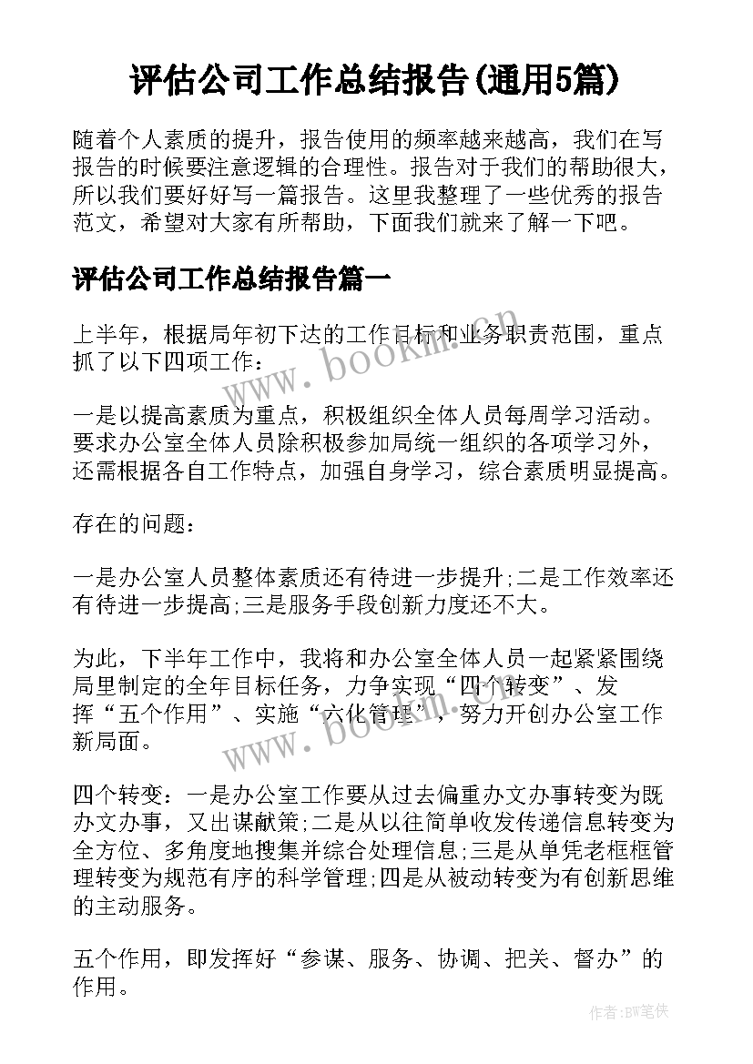 评估公司工作总结报告(通用5篇)