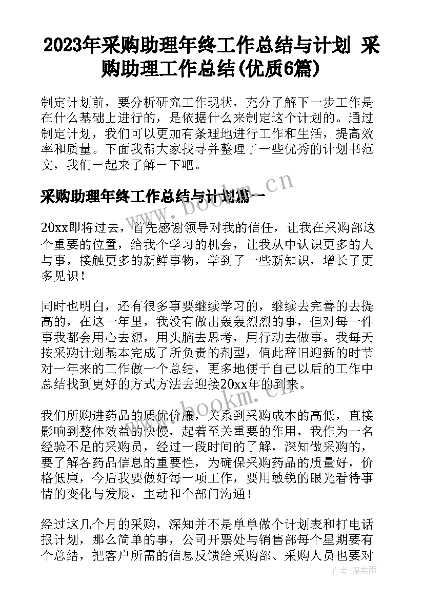 2023年采购助理年终工作总结与计划 采购助理工作总结(优质6篇)