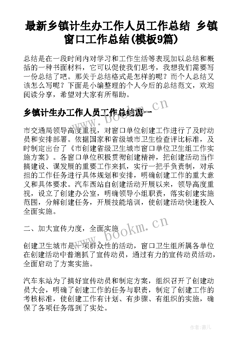 最新乡镇计生办工作人员工作总结 乡镇窗口工作总结(模板9篇)