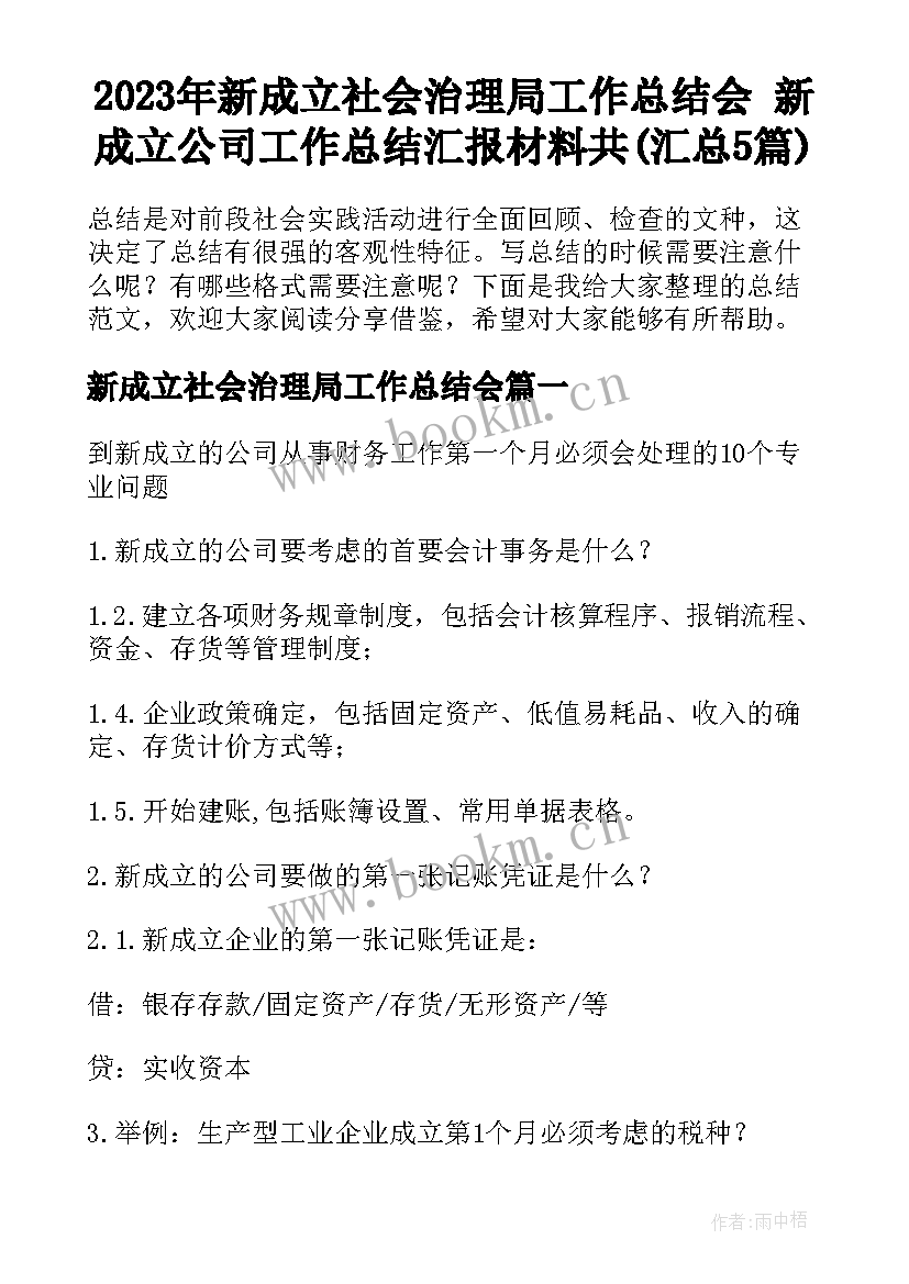 2023年新成立社会治理局工作总结会 新成立公司工作总结汇报材料共(汇总5篇)