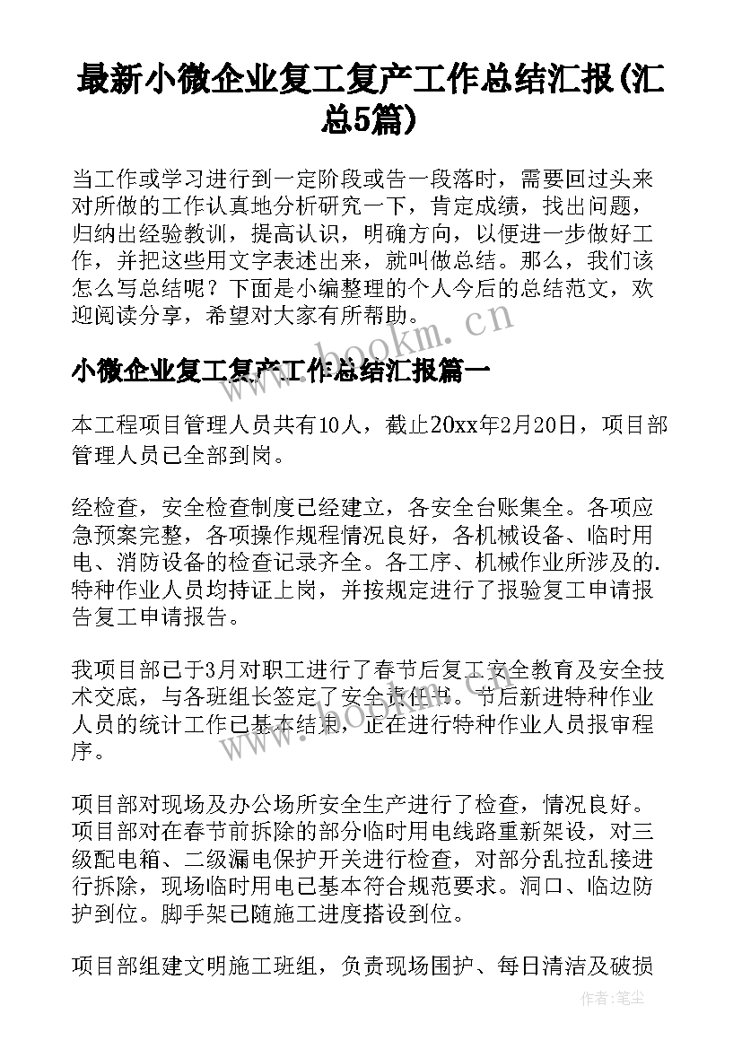 最新小微企业复工复产工作总结汇报(汇总5篇)