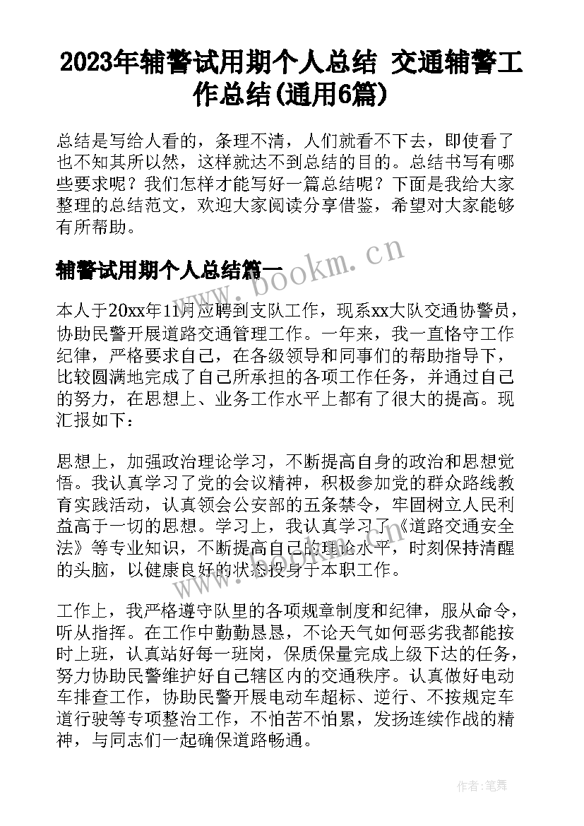 2023年辅警试用期个人总结 交通辅警工作总结(通用6篇)