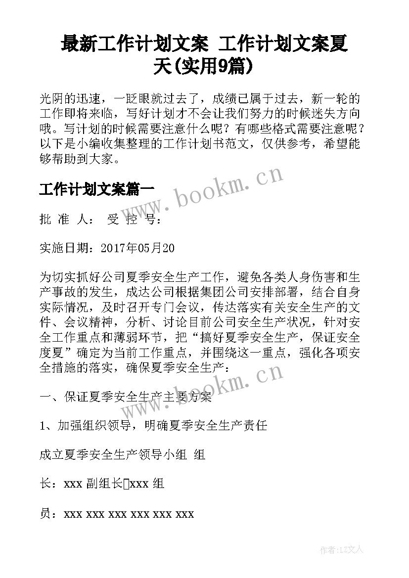 最新工作计划文案 工作计划文案夏天(实用9篇)