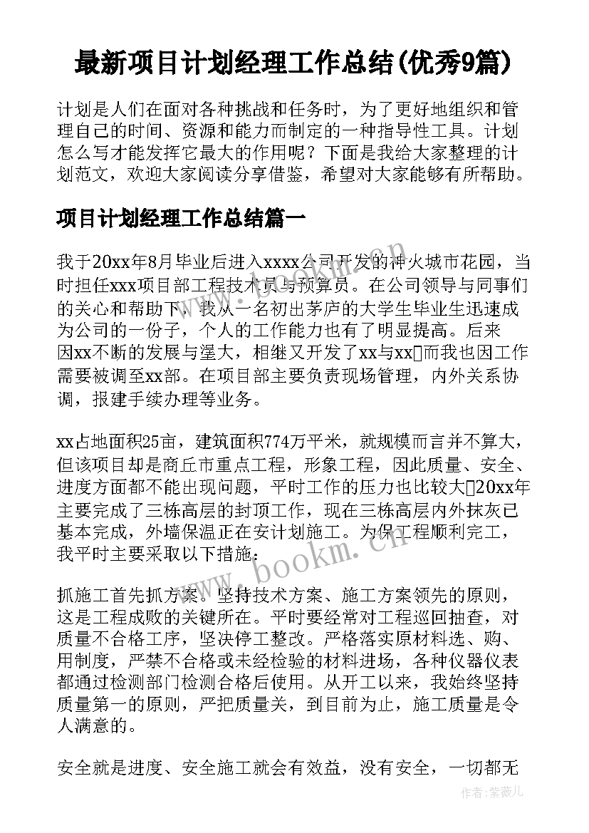 最新项目计划经理工作总结(优秀9篇)