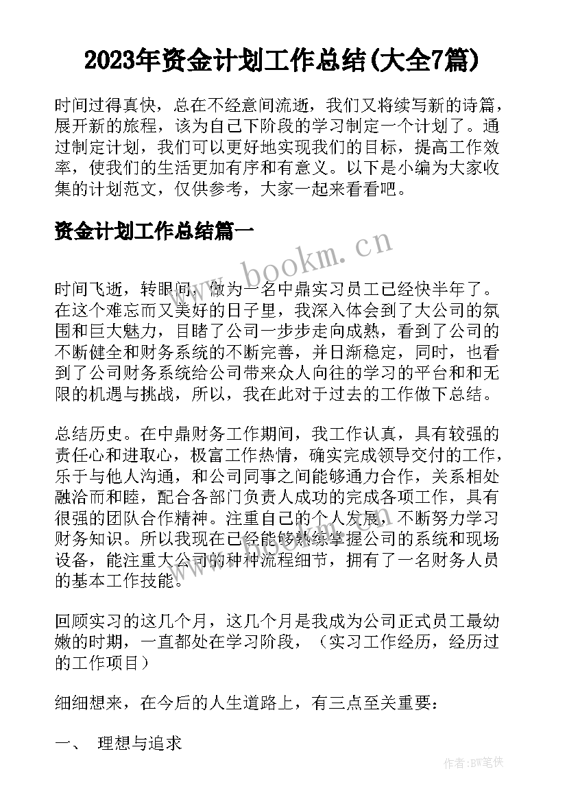 2023年资金计划工作总结(大全7篇)