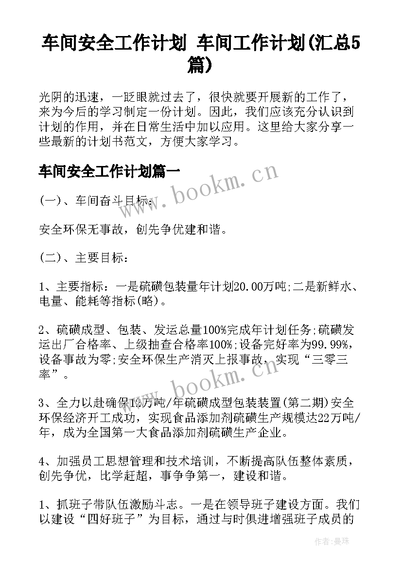 车间安全工作计划 车间工作计划(汇总5篇)