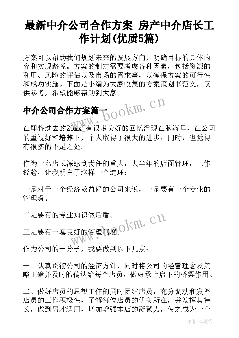 最新中介公司合作方案 房产中介店长工作计划(优质5篇)