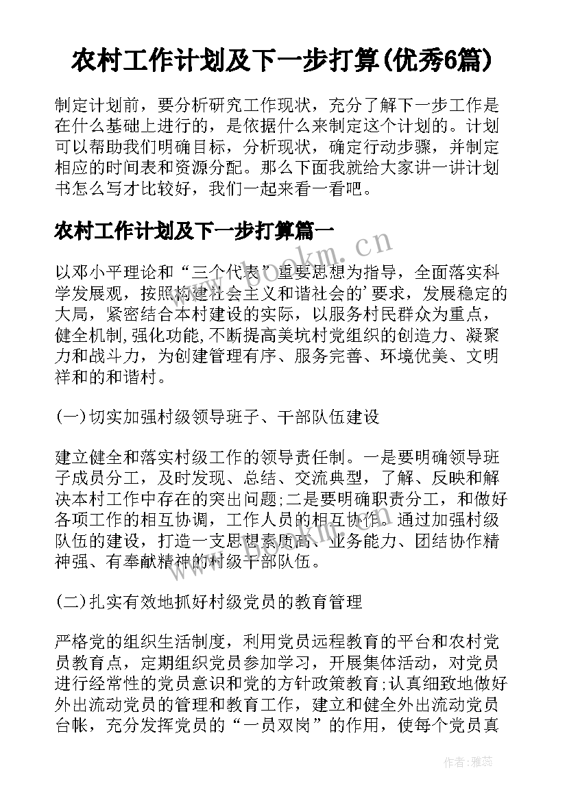 农村工作计划及下一步打算(优秀6篇)