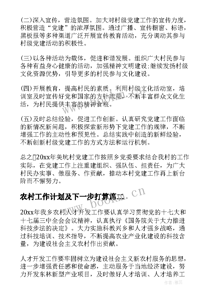 农村工作计划及下一步打算(优秀6篇)