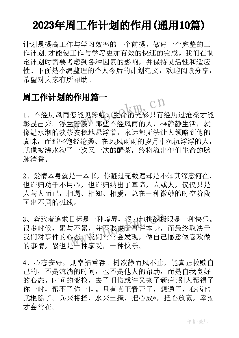 2023年周工作计划的作用(通用10篇)