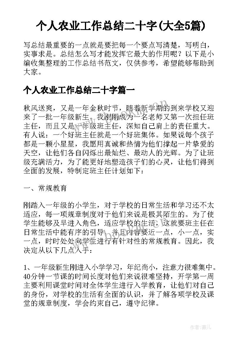 个人农业工作总结二十字(大全5篇)