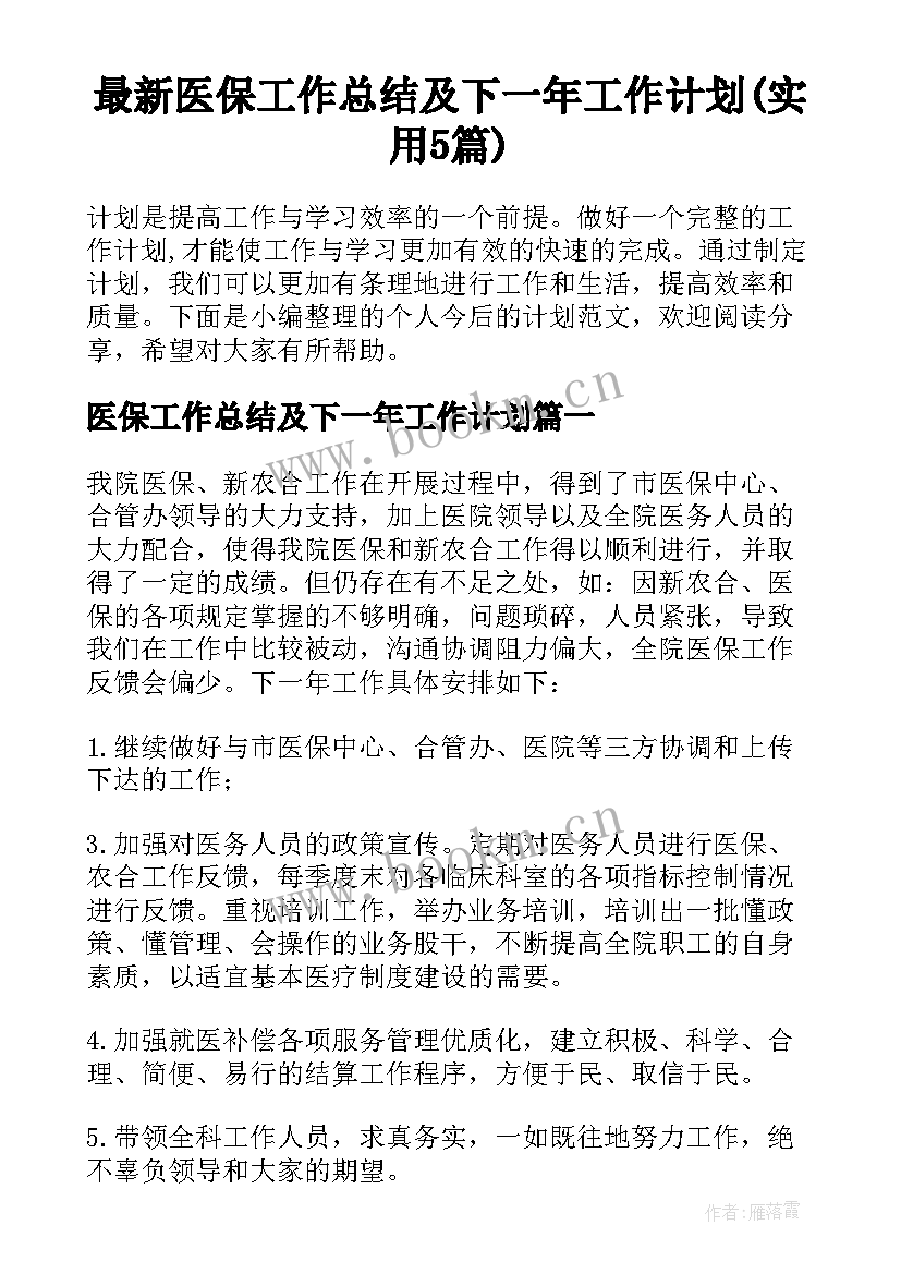 最新医保工作总结及下一年工作计划(实用5篇)