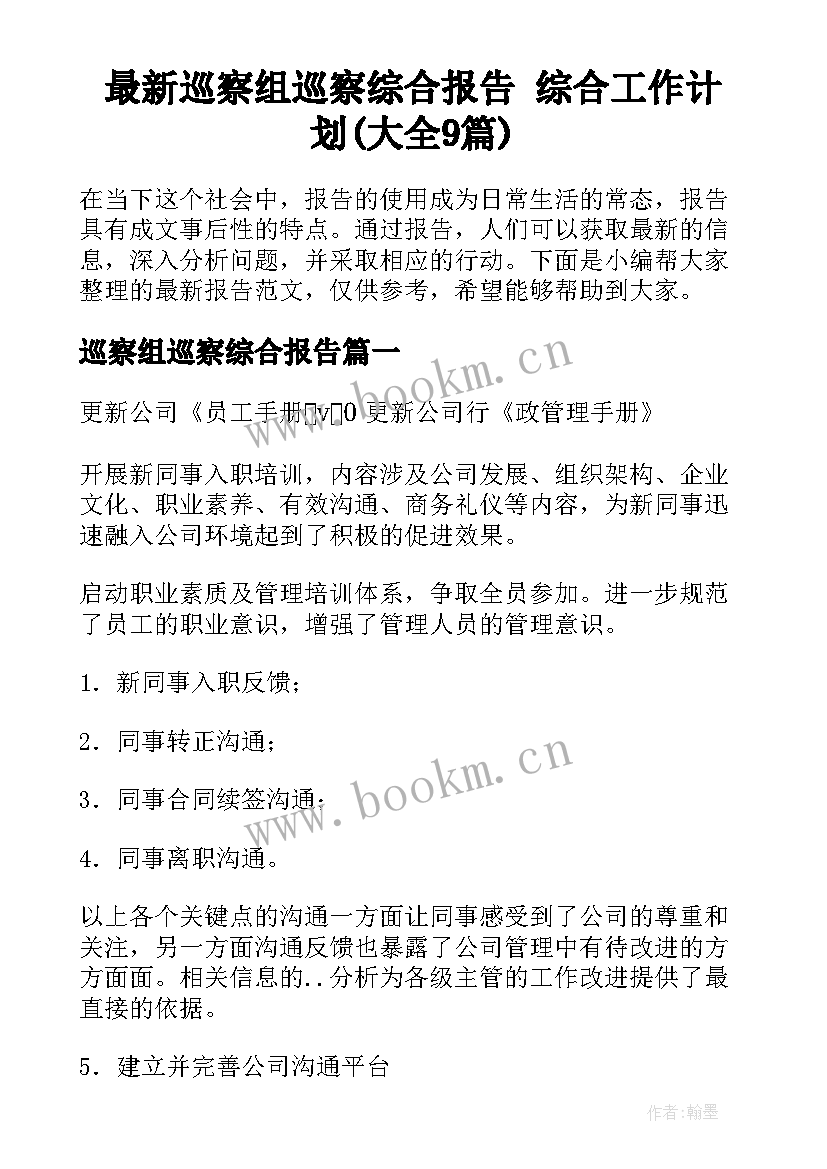 最新巡察组巡察综合报告 综合工作计划(大全9篇)