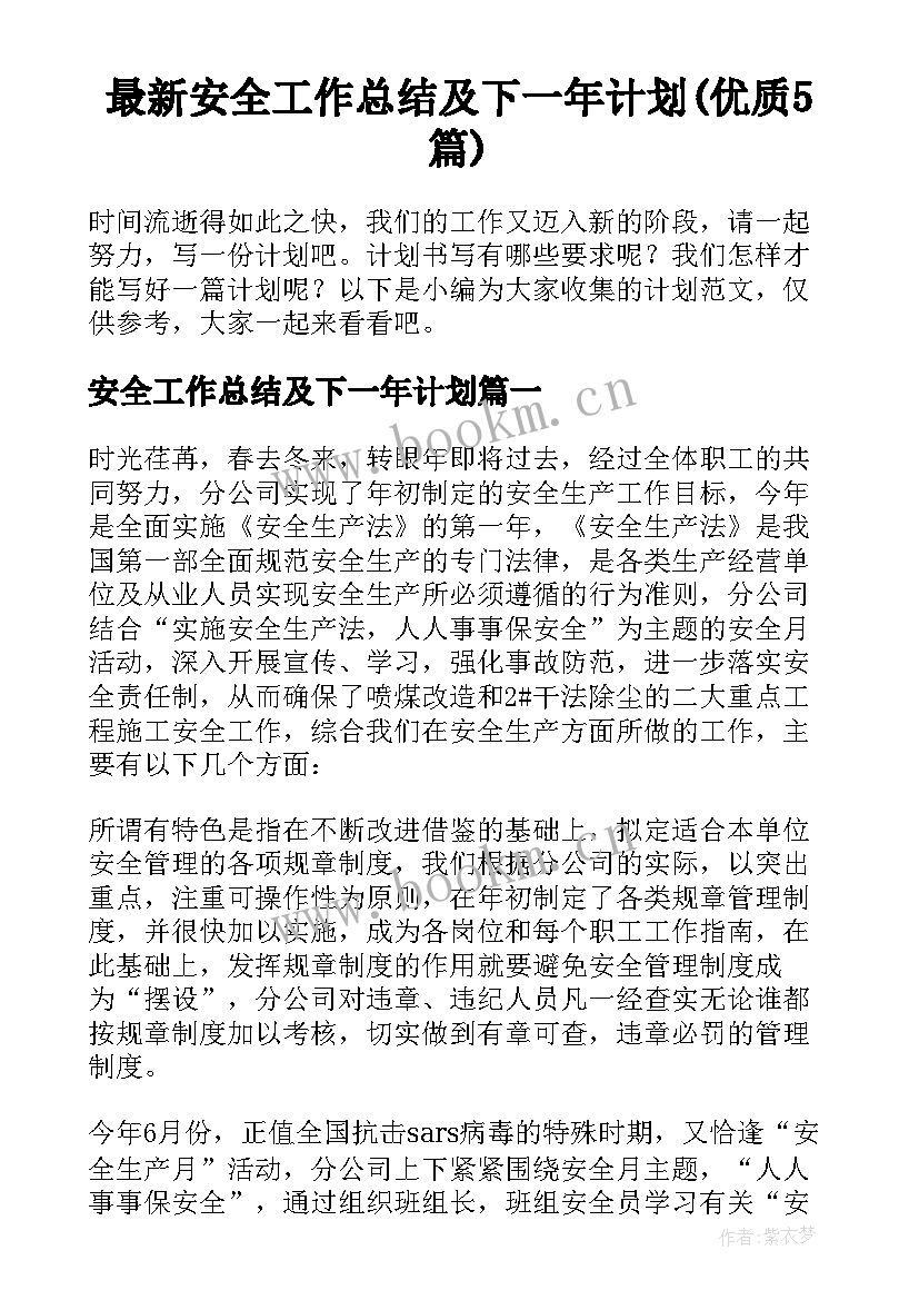 最新安全工作总结及下一年计划(优质5篇)