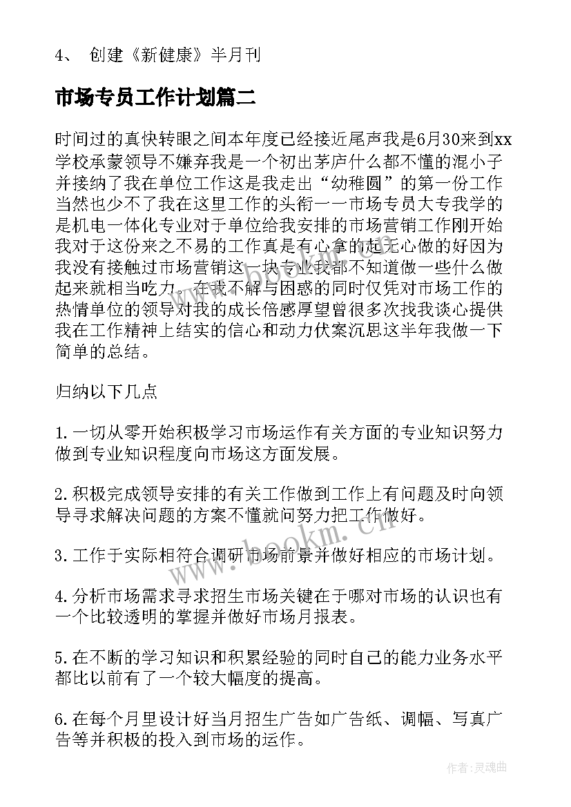 最新市场专员工作计划(实用9篇)