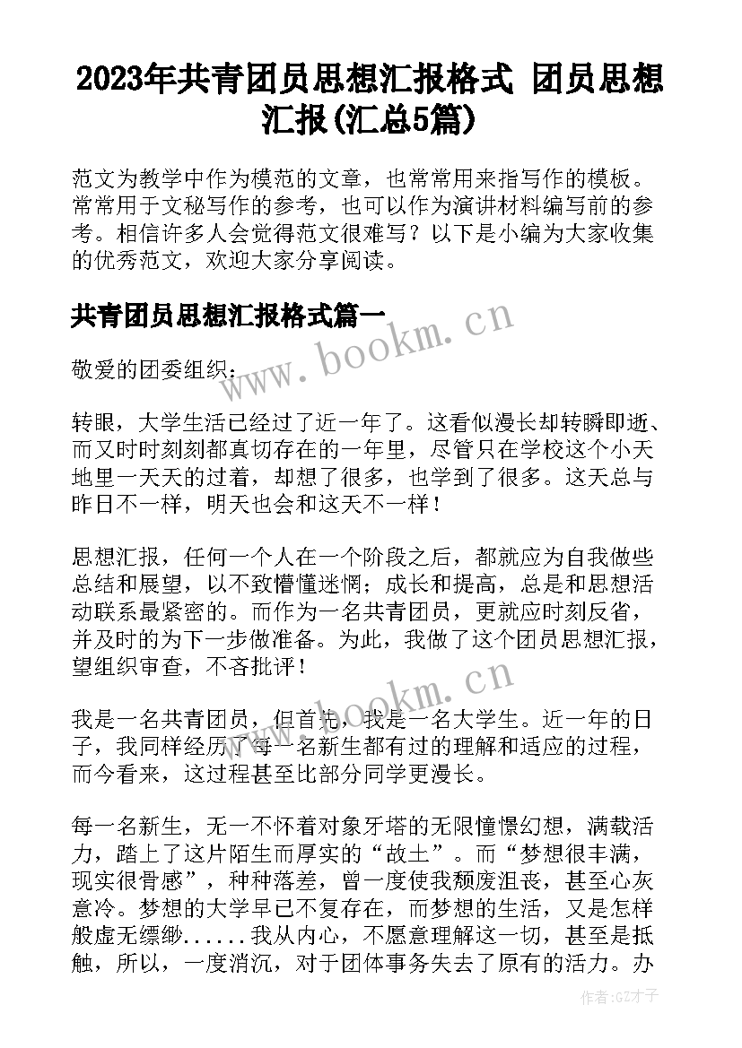 2023年共青团员思想汇报格式 团员思想汇报(汇总5篇)