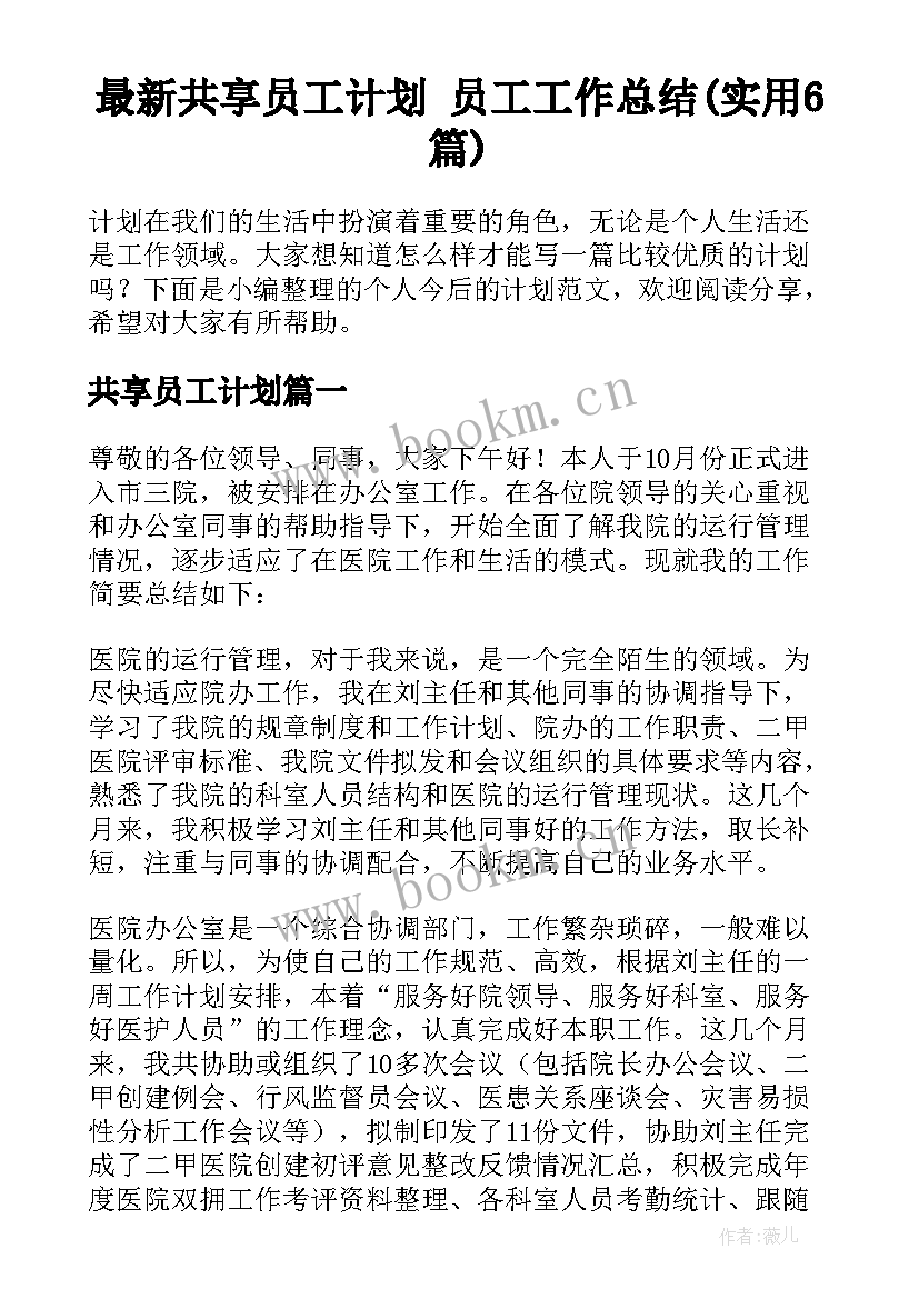 最新共享员工计划 员工工作总结(实用6篇)