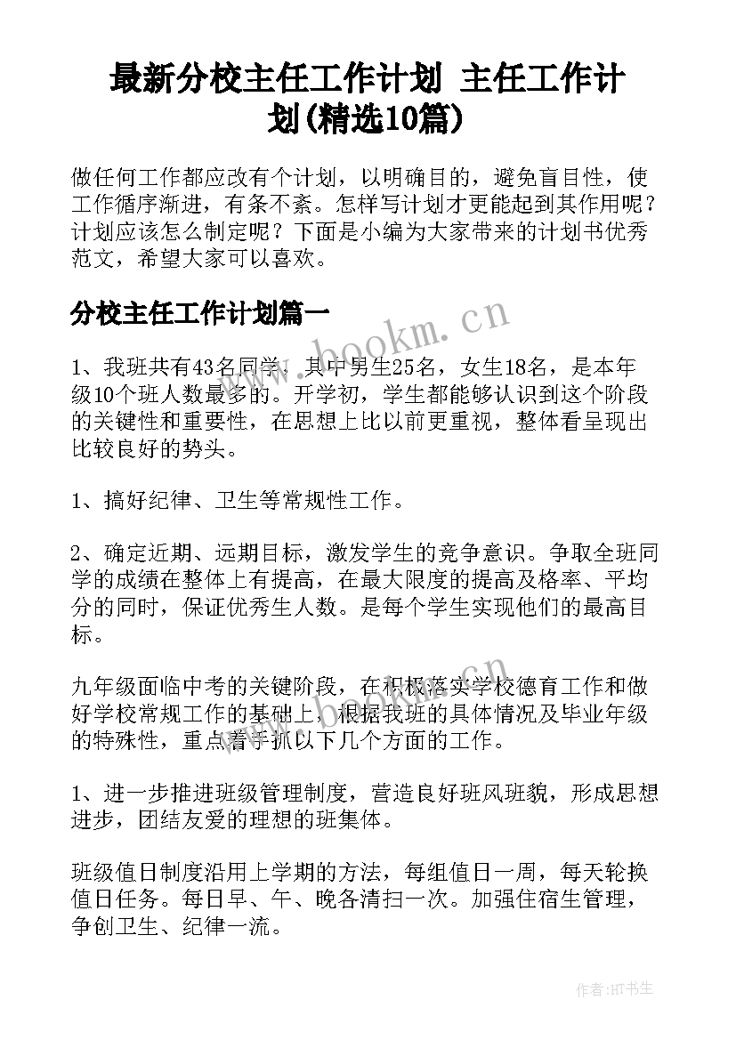 最新分校主任工作计划 主任工作计划(精选10篇)