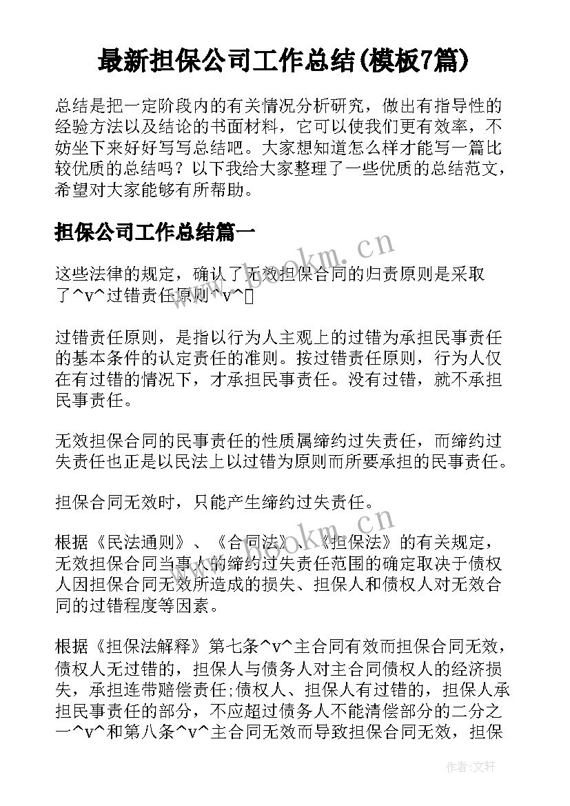 最新担保公司工作总结(模板7篇)