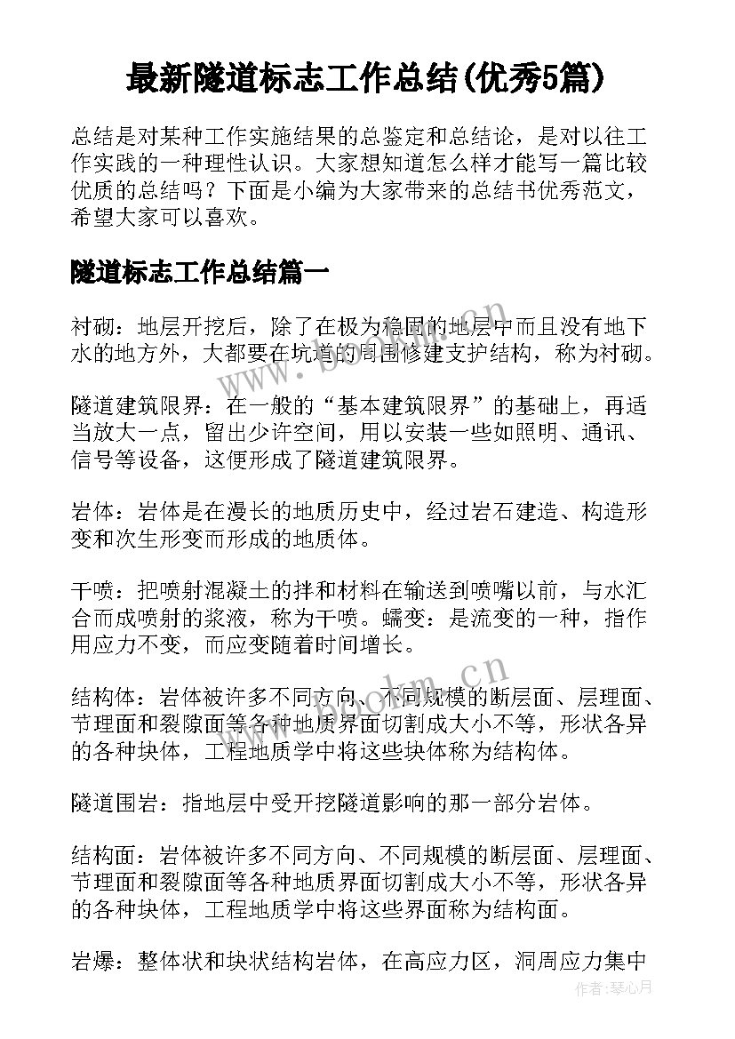 最新隧道标志工作总结(优秀5篇)