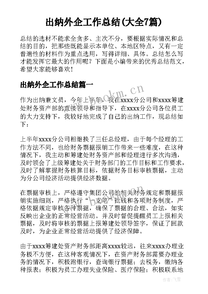 出纳外企工作总结(大全7篇)