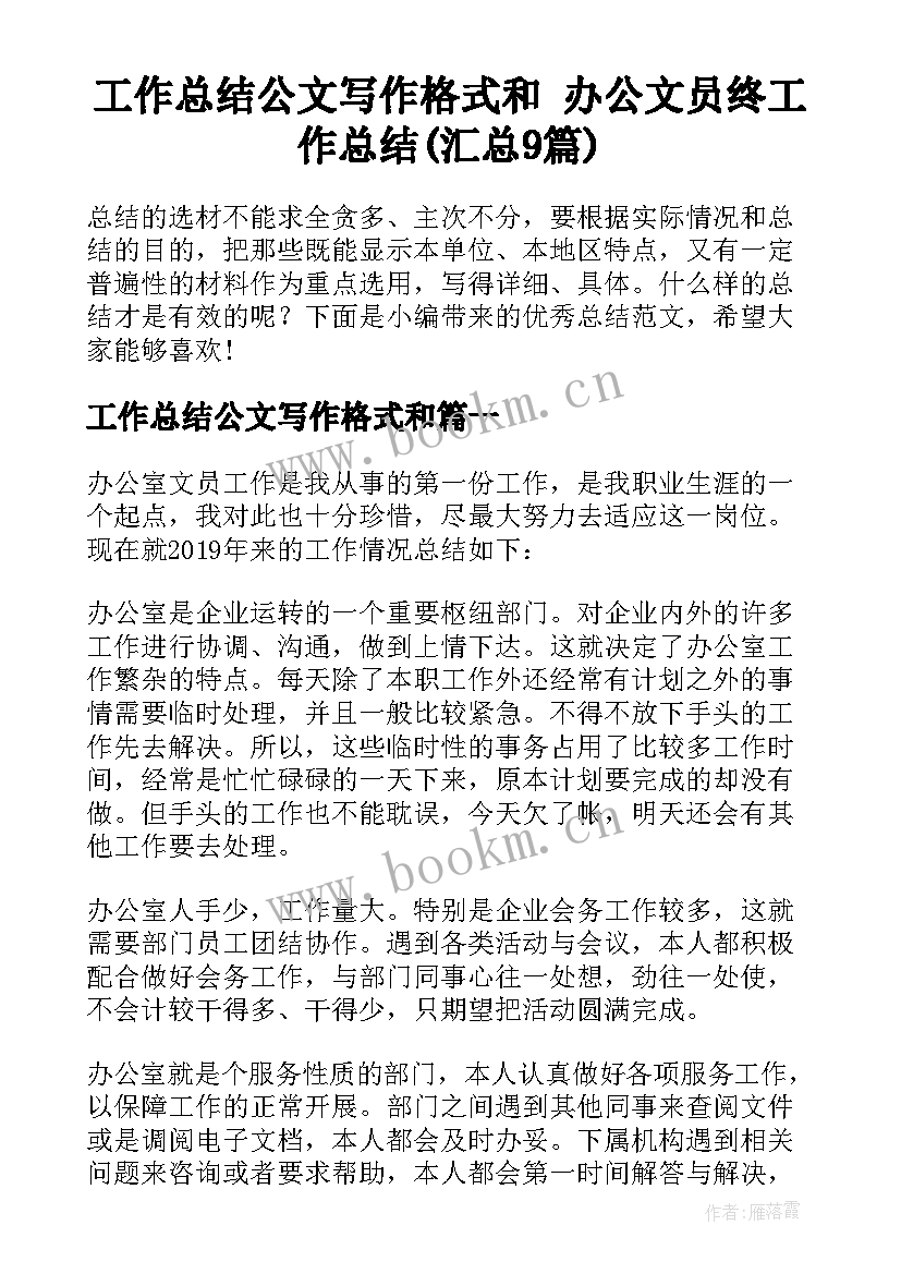 工作总结公文写作格式和 办公文员终工作总结(汇总9篇)