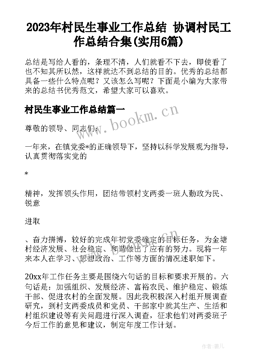 2023年村民生事业工作总结 协调村民工作总结合集(实用6篇)