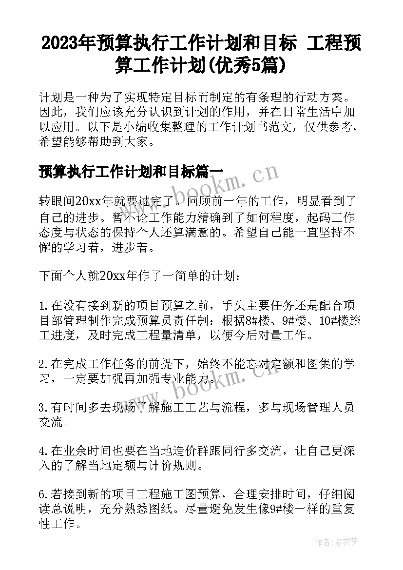 2023年预算执行工作计划和目标 工程预算工作计划(优秀5篇)