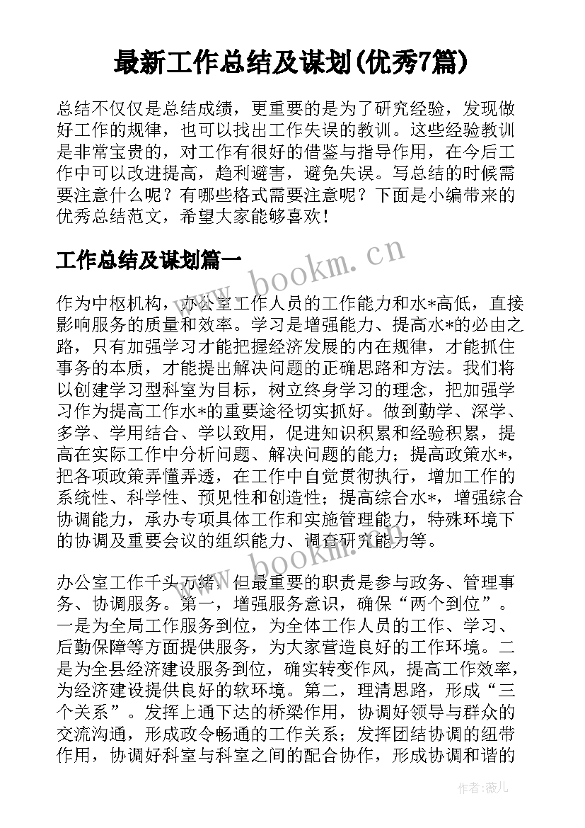 最新工作总结及谋划(优秀7篇)