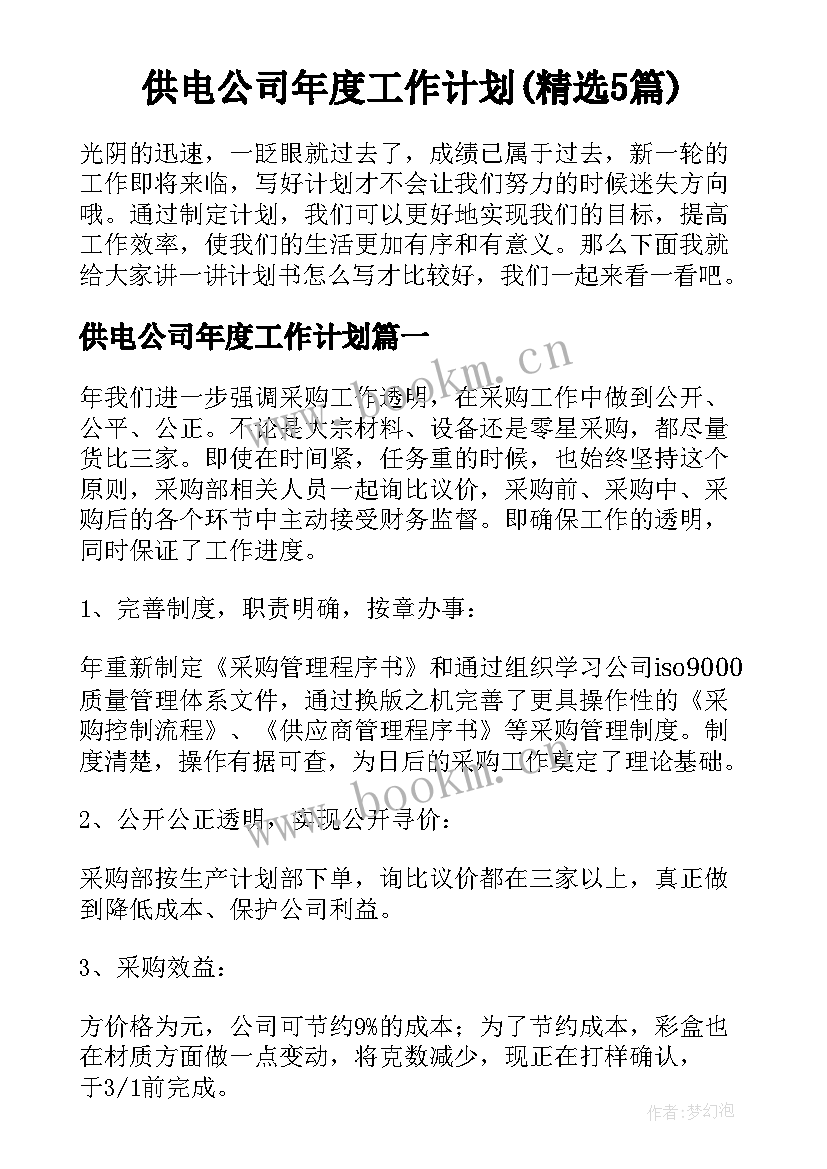 供电公司年度工作计划(精选5篇)