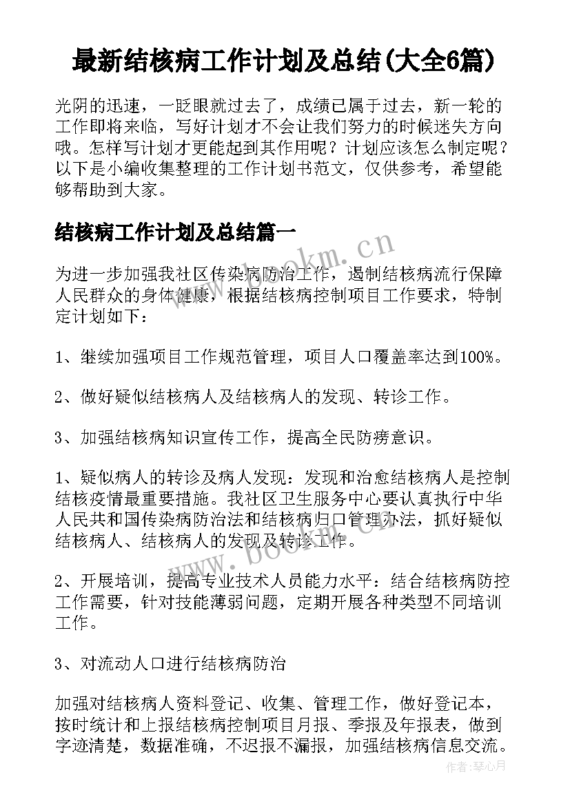 最新结核病工作计划及总结(大全6篇)