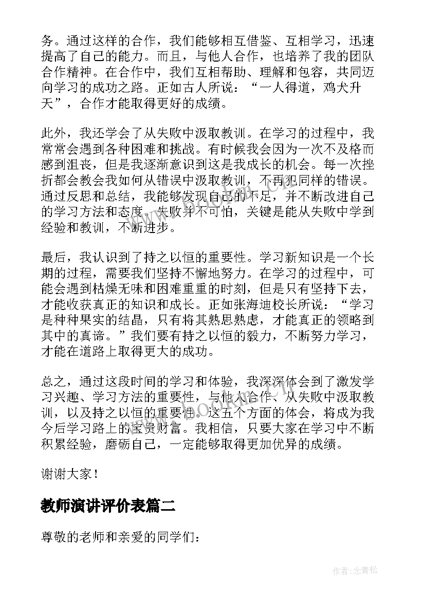 2023年教师演讲评价表(大全7篇)