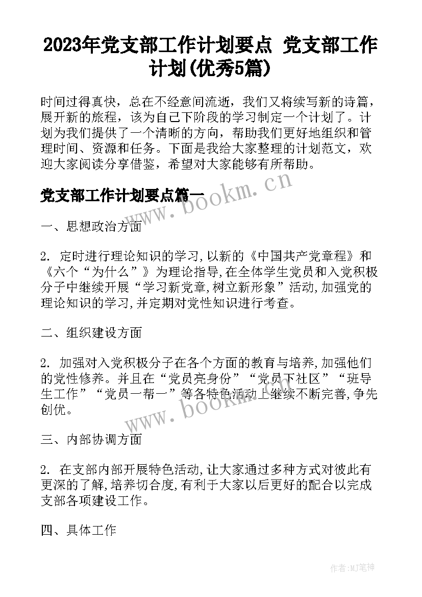 2023年党支部工作计划要点 党支部工作计划(优秀5篇)