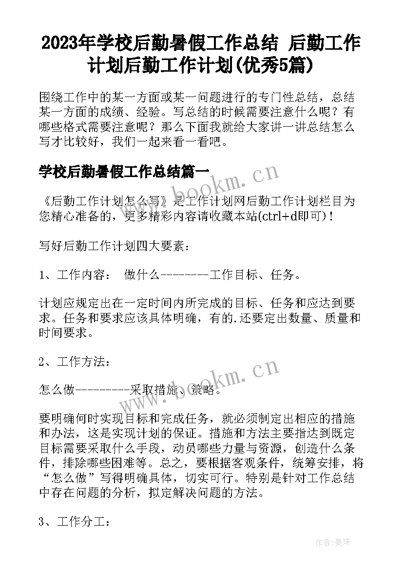 2023年学校后勤暑假工作总结 后勤工作计划后勤工作计划(优秀5篇)