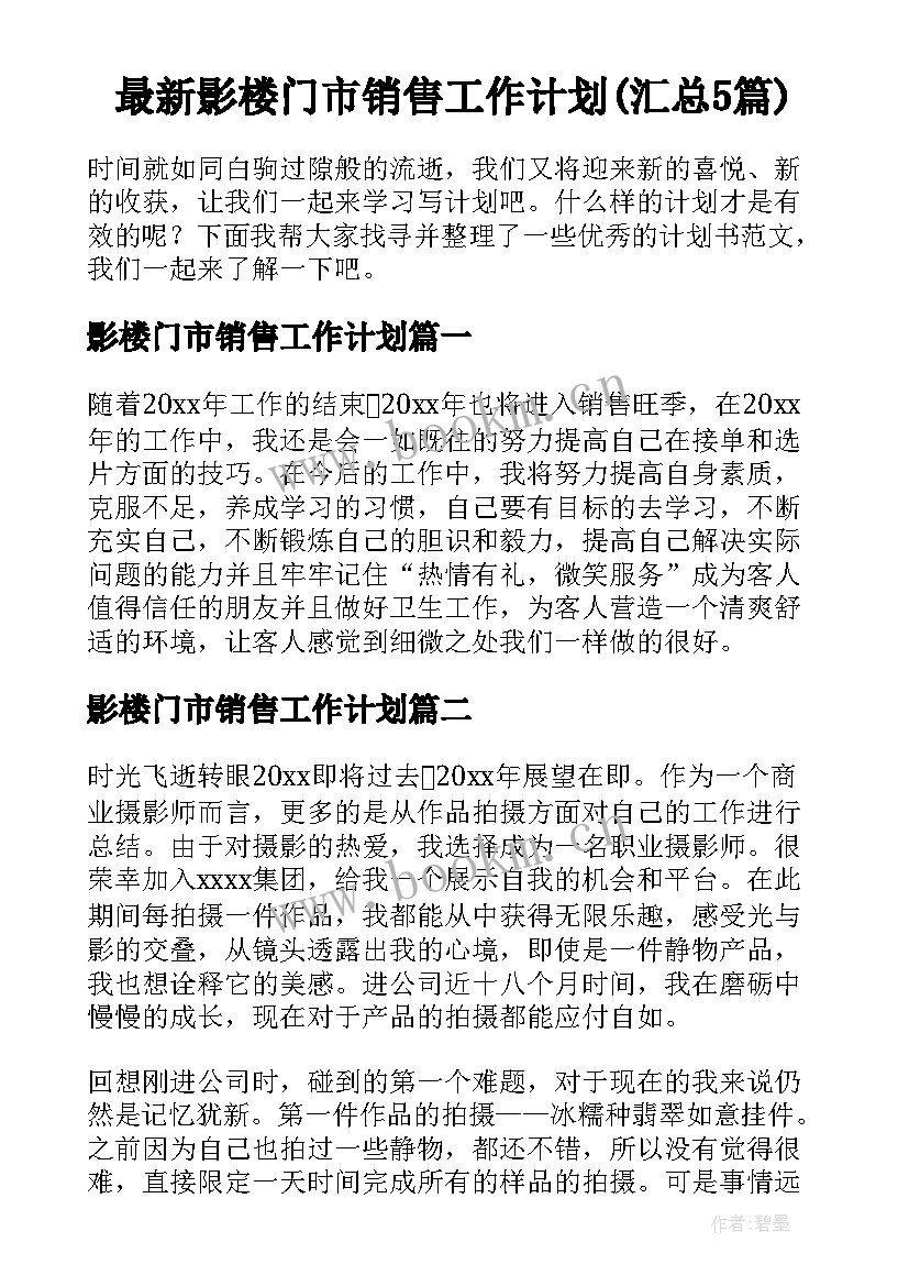 最新影楼门市销售工作计划(汇总5篇)