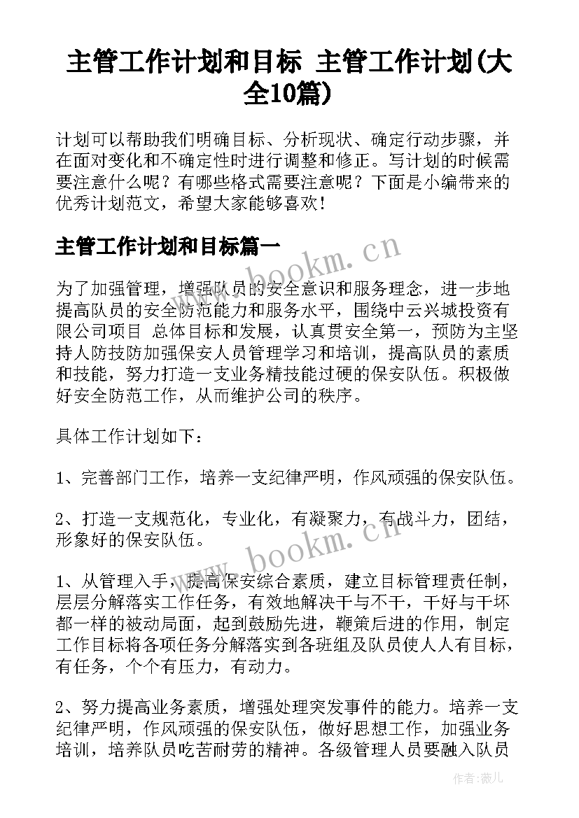 主管工作计划和目标 主管工作计划(大全10篇)